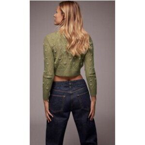 Zara Beaded Olive Green Cropped Turtleneck Sweater With Diamond Knit Design & Pe